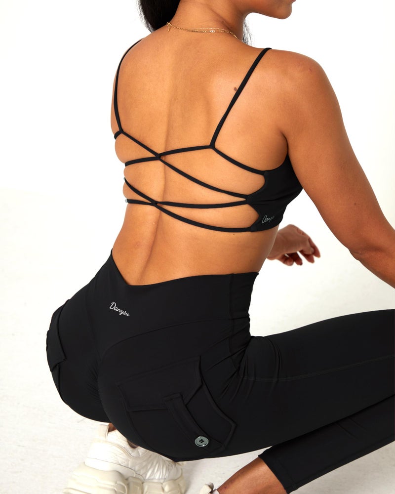 Danysu Womens Backless Sports Bra Open Back Workout Top Light Support Strappy Sport Bra Cute Gym Clothes Crisscross Black S - Image 4