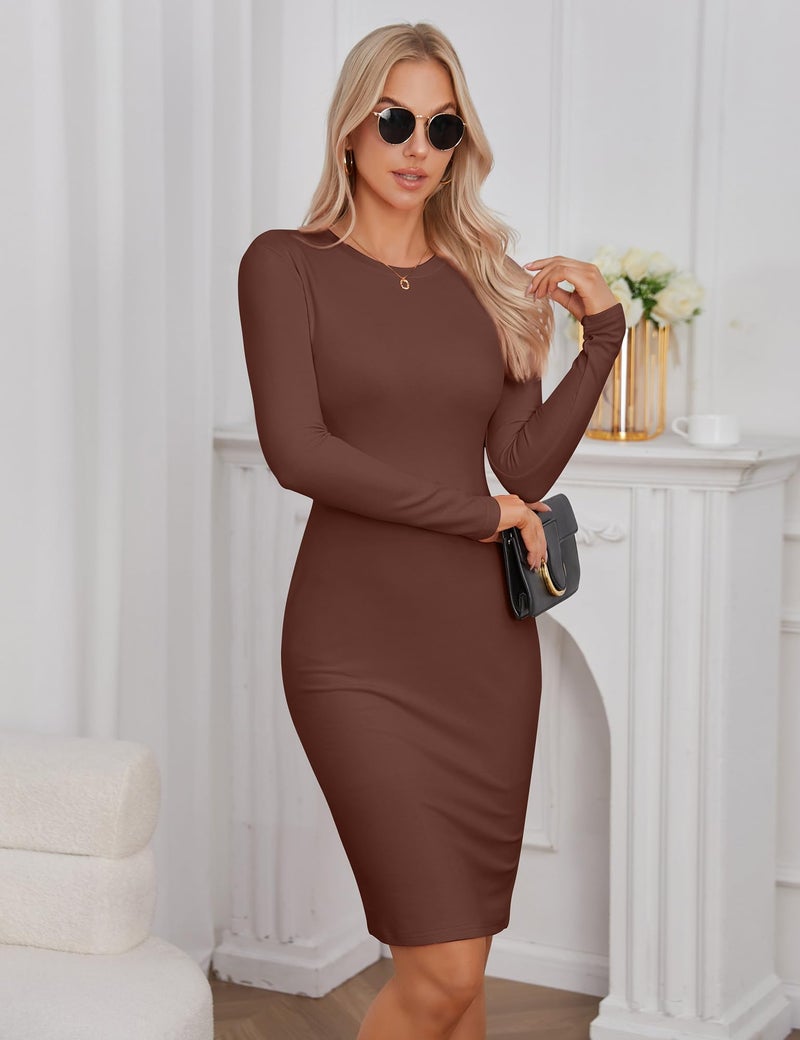Qaffier Winter Dresses for Women 2025 - Crew Neck Long Sleeve Casual Midi Slim Fitted Fleece Dress Coffee Medium - Image 5