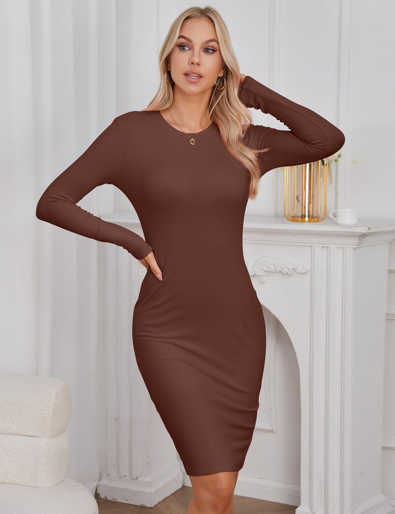 Qaffier Winter Dresses for Women 2025 - Crew Neck Long Sleeve Casual Midi Slim Fitted Fleece Dress Coffee Medium - Image 2
