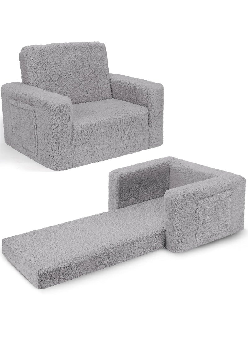 L&E Kids Couch for Toddler, 2-in-1 Toddler Soft Couch - Kids Chairs Convertible Sofa to Lounger, Easily Folds Out Into a Soft Baby Couch for Napping - Modern Fold(Grey)  - Image 1