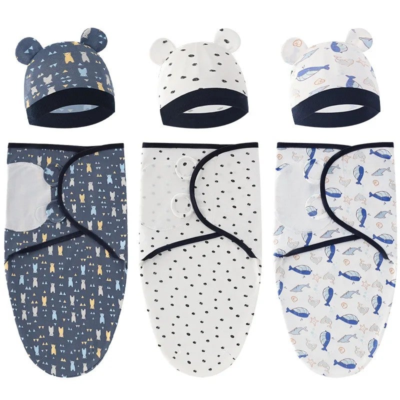Bluejw Newborn Swaddlers Baby Girls Boys Swaddle Wrap Set - Printed Cotton Sleeveless Adjustable Infant Sleeping Blanket with Hat - Image 3