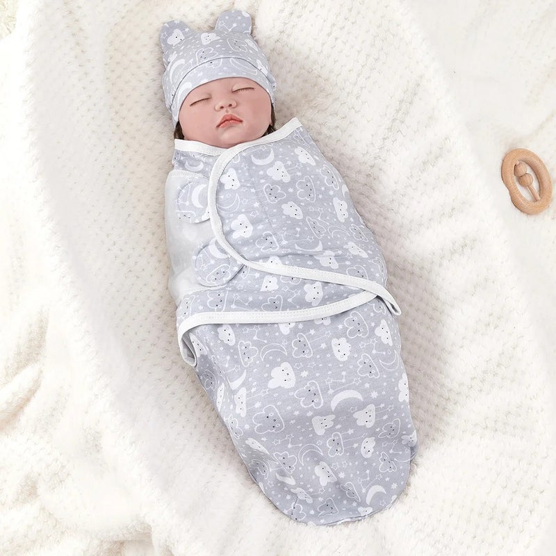 Bluejw Newborn Swaddlers Baby Girls Boys Swaddle Wrap Set - Printed Cotton Sleeveless Adjustable Infant Sleeping Blanket with Hat - Image 2