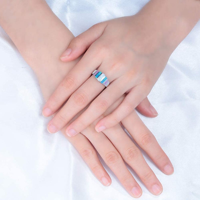 CiNily Women's Opal Rings,Create White Blue Pink Fire Opal Silver Plated Gemstone Ring Size 9 - Image 3