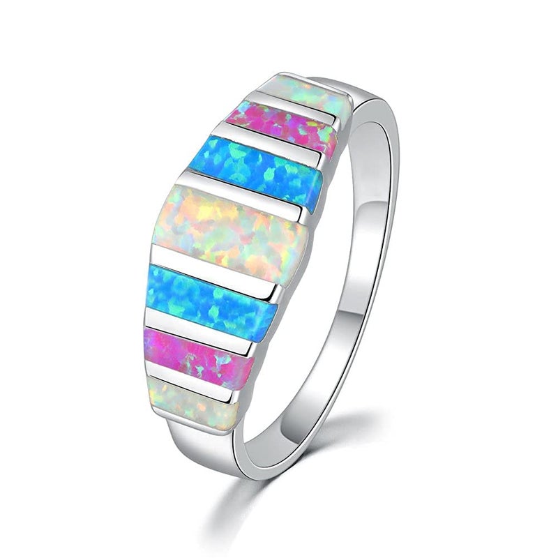 CiNily Women's Opal Rings,Create White Blue Pink Fire Opal Silver Plated Gemstone Ring Size 9 - Image 1