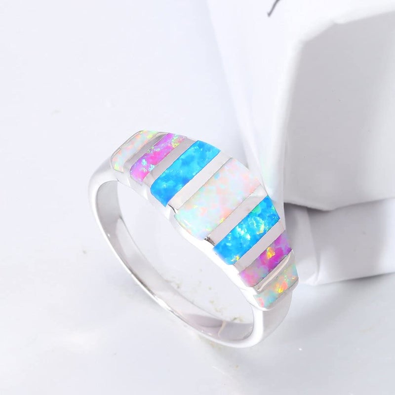 CiNily Women's Opal Rings,Create White Blue Pink Fire Opal Silver Plated Gemstone Ring Size 9 - Image 5