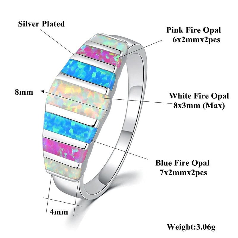 CiNily Women's Opal Rings,Create White Blue Pink Fire Opal Silver Plated Gemstone Ring Size 9 - Image 2