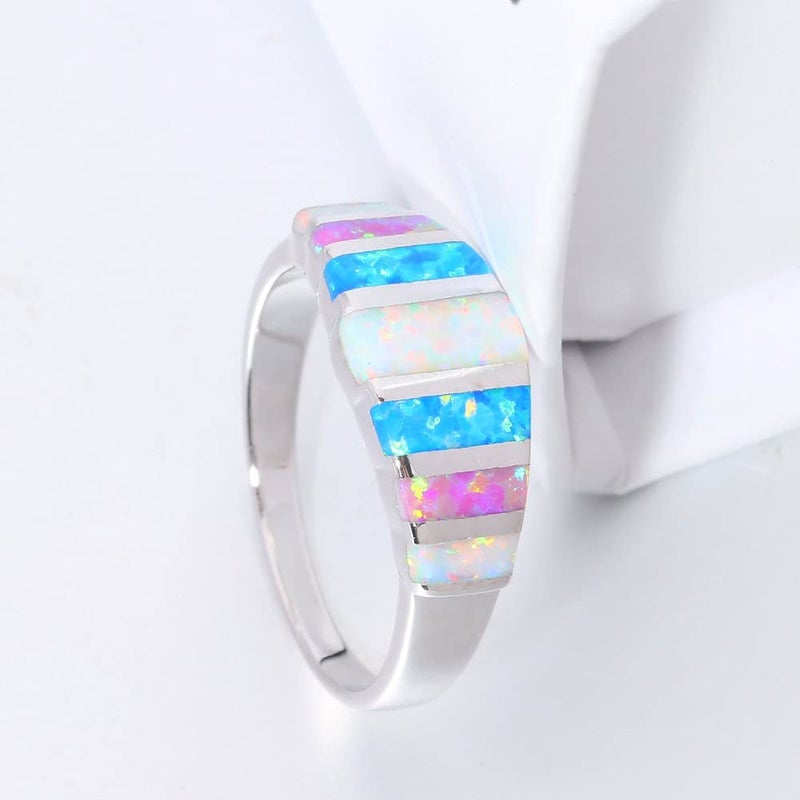 CiNily Women's Opal Rings,Create White Blue Pink Fire Opal Silver Plated Gemstone Ring Size 9 - Image 4