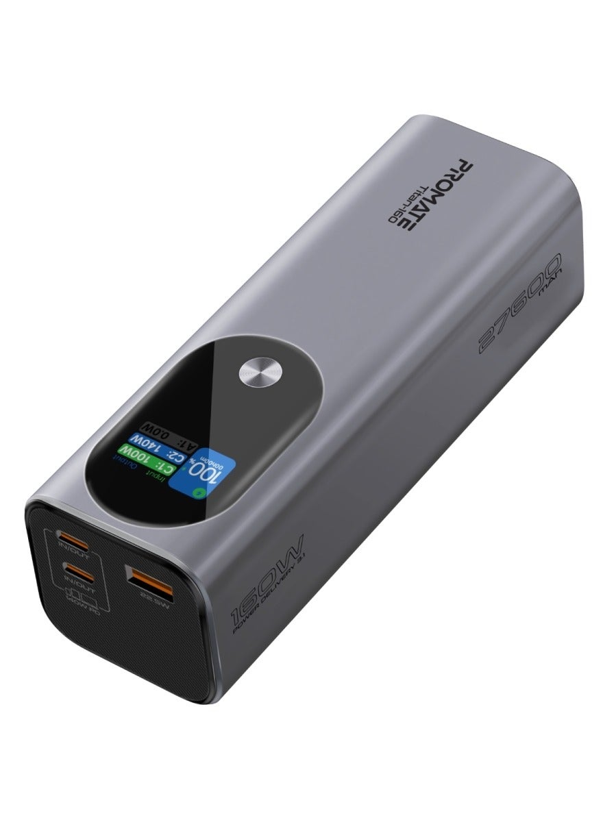 27600 mAh Universal Ultra Slim Portable Power Pack With 160W Power Delivery Smart Tft Lcd Display Usb A Qc 3.0 Dual Usb C 3.1 Input Output Ports And Charge Protection For iPhone 17 Titan160 - Grey