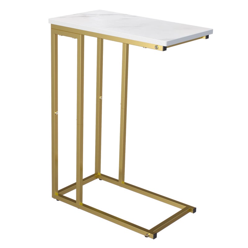 Yusong C Shaped End Table, Couch Side Table That Slide Under Sofa Bed, Small Table for Small Spaces, Skinny Overbed Table for Coffee Drink Snack, Living Room, Gold and White Marbled Wooden Top - Image 1