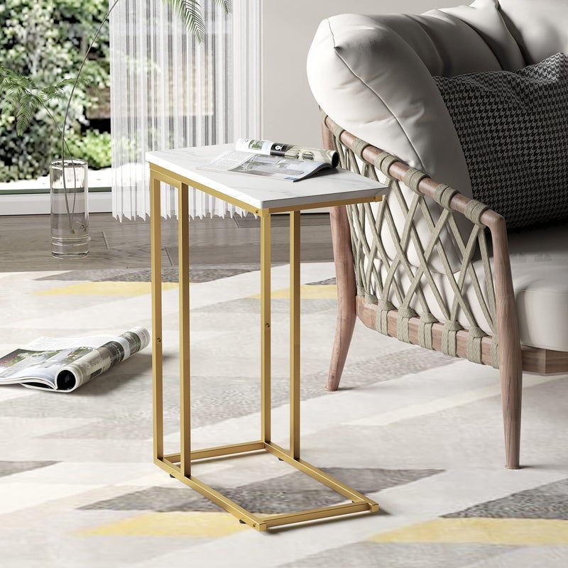 Yusong C Shaped End Table, Couch Side Table That Slide Under Sofa Bed, Small Table for Small Spaces, Skinny Overbed Table for Coffee Drink Snack, Living Room, Gold and White Marbled Wooden Top - Image 2