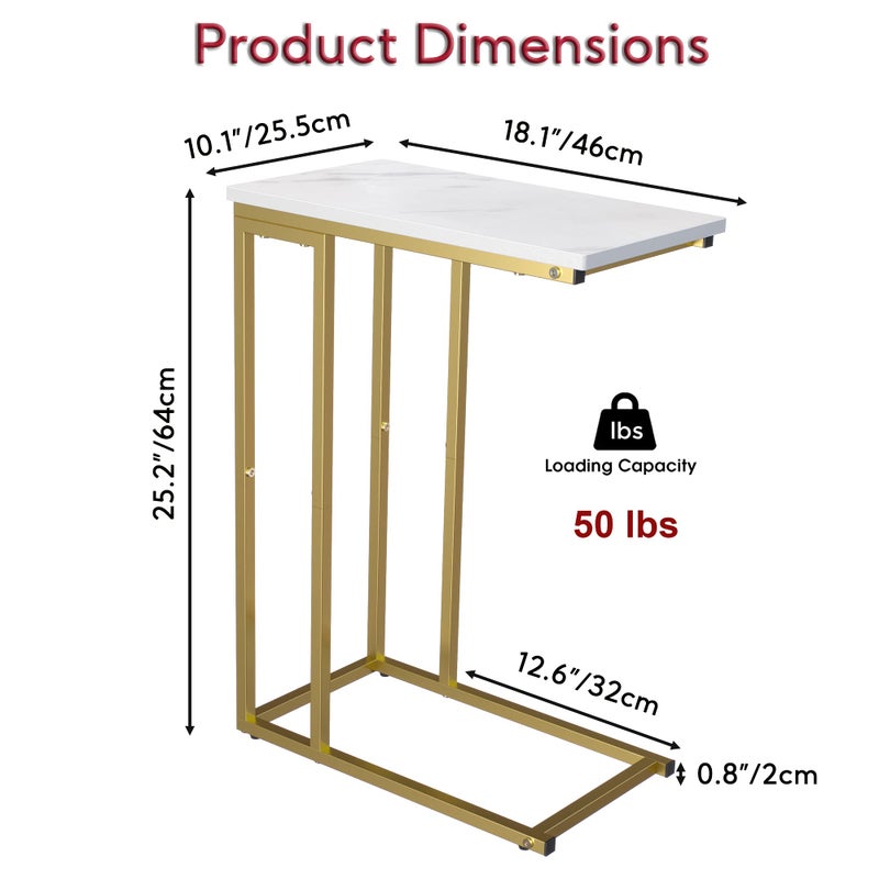 Yusong C Shaped End Table, Couch Side Table That Slide Under Sofa Bed, Small Table for Small Spaces, Skinny Overbed Table for Coffee Drink Snack, Living Room, Gold and White Marbled Wooden Top - Image 3