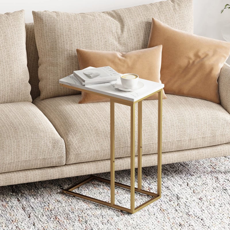 Yusong C Shaped End Table, Couch Side Table That Slide Under Sofa Bed, Small Table for Small Spaces, Skinny Overbed Table for Coffee Drink Snack, Living Room, Gold and White Marbled Wooden Top - Image 4