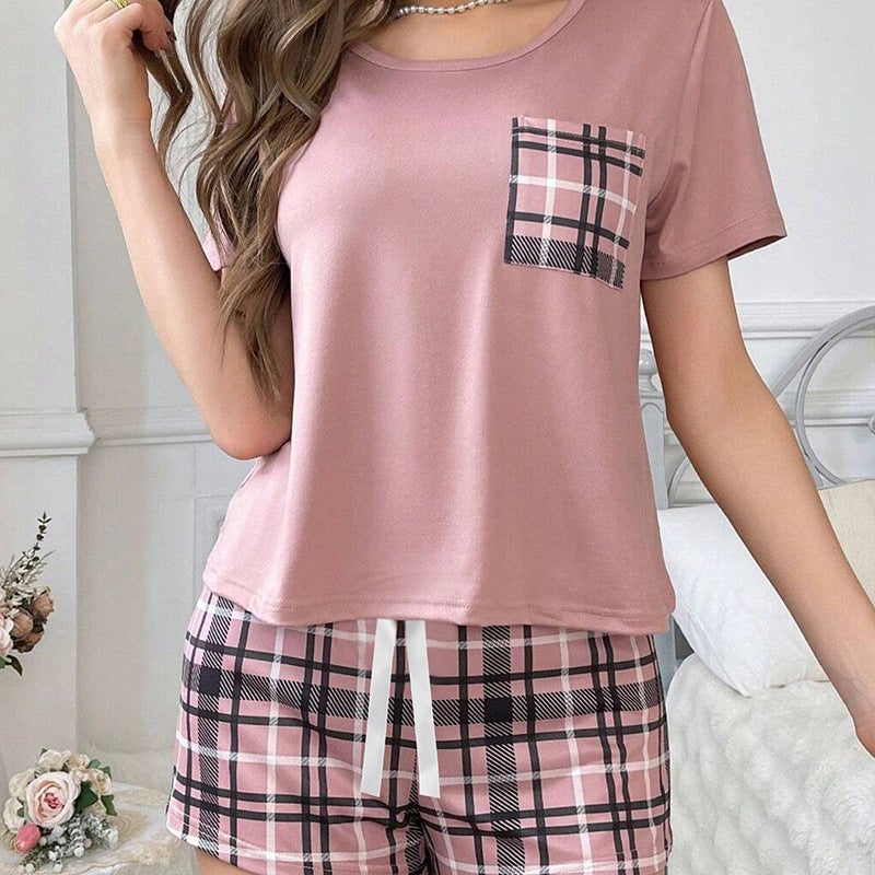 Women's Summer Plaid Print Short Sleeve Shorts Pajama Set - Image 4
