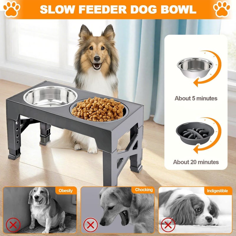 BLYPHOO Elevated Dog Bowl: Raised Bowls stand with Two 1.5L Stainless Steel Bowls & 1 Slow Feeder Dog Bowl, Adjustable Bowls Stand with Anti Slip Feet, for Small, Medium and Large Pets (grey) - Image 2