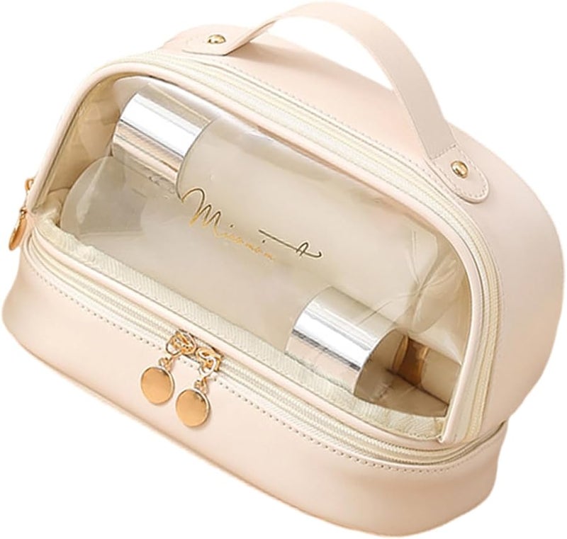 Double Layer Travel Toiletry Bag Transparent Cosmetic Case Milk Apricot White - Image 1