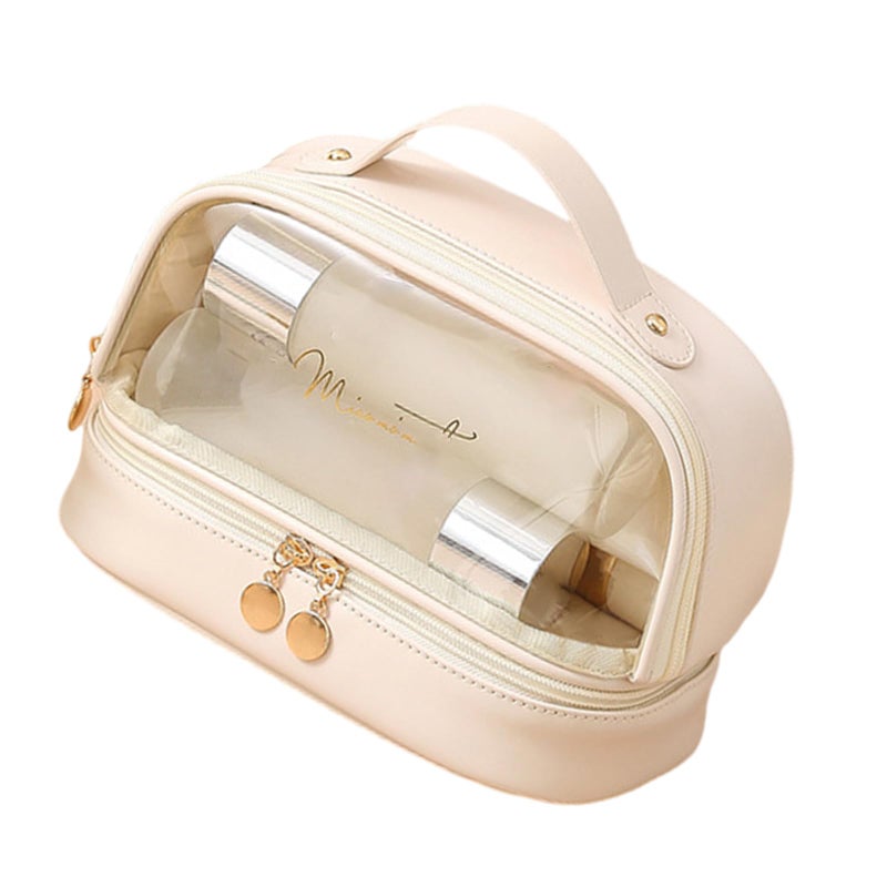 Double Layer Travel Toiletry Bag Transparent Cosmetic Case Milk Apricot White - Image 2