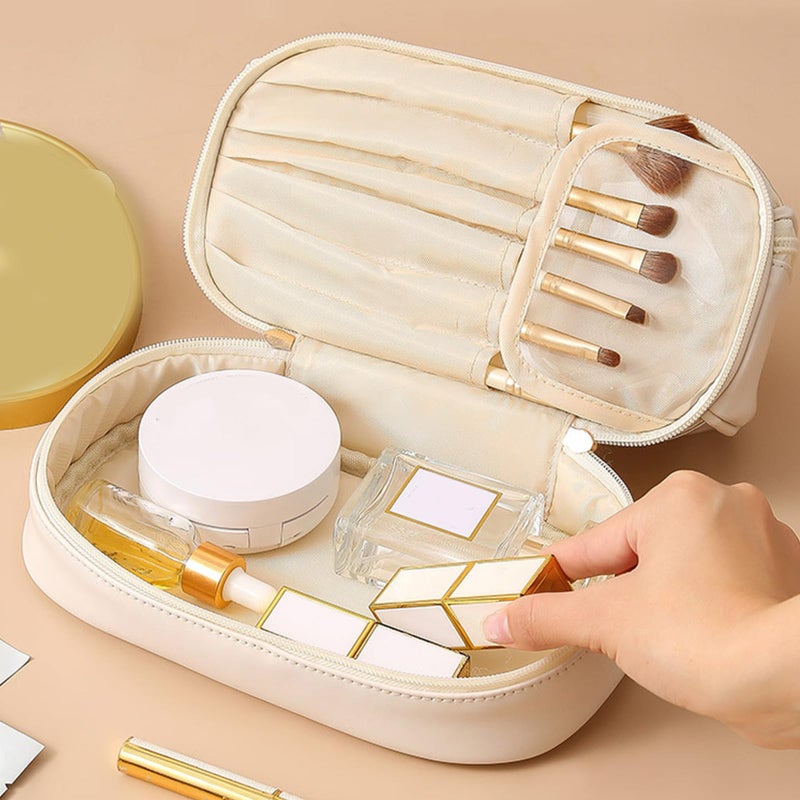 Double Layer Travel Toiletry Bag Transparent Cosmetic Case Milk Apricot White - Image 5