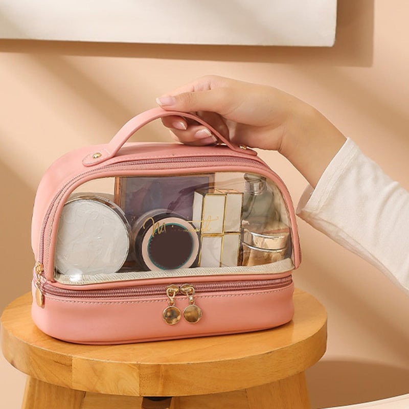 Double Layer Travel Toiletry Bag Transparent Cosmetic Case Milk Apricot White - Image 4