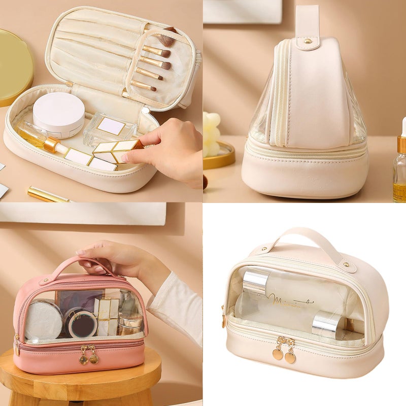 Double Layer Travel Toiletry Bag Transparent Cosmetic Case Milk Apricot White - Image 3
