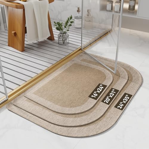 YDKGL Bathroom Rugs Mat 20x31, Ultra Thin Non Slip Bath Mats for Bathtub Quick Dry Absorbent Rubber Bathroom Mat Fit Under Door, Washable Half Round Bath Rugs, Beige Brown - Image 2