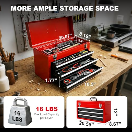 BIG RED Metal Tool Box, 20.5-inch, Portable Metal Tool Box with 4 Drawers, Small Tool Chest with EVA Liners, Ball Bearing Slide Drawers Locking & Powder Coated Finish, Multi-Function Tool Organizer - Image 2