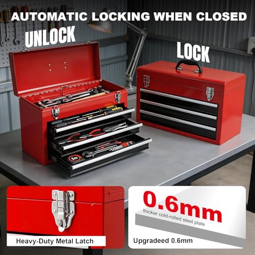 BIG RED Metal Tool Box, 20.5-inch, Portable Metal Tool Box with 4 Drawers, Small Tool Chest with EVA Liners, Ball Bearing Slide Drawers Locking & Powder Coated Finish, Multi-Function Tool Organizer - Image 3