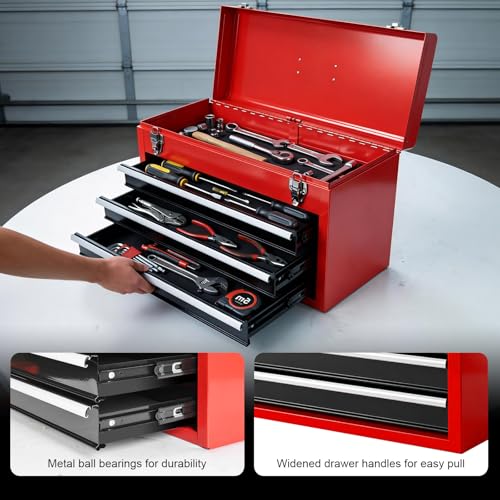 BIG RED Metal Tool Box, 20.5-inch, Portable Metal Tool Box with 4 Drawers, Small Tool Chest with EVA Liners, Ball Bearing Slide Drawers Locking & Powder Coated Finish, Multi-Function Tool Organizer - Image 5