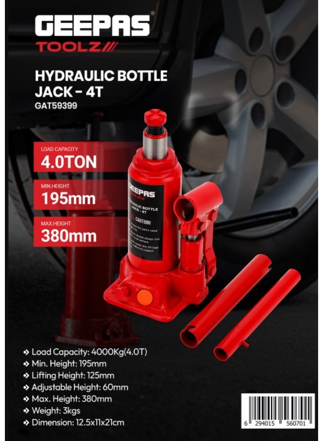 Geepas Hydraulic Bottle Jack- GAT59399/ 4 ton or 4000 kg Capacity, 195 to 380 mm Lifting Range/ Perfect for Car, Pickup Truck, Truck, RV, Auto Repair, Industrial Engineering/ Red - Image 1