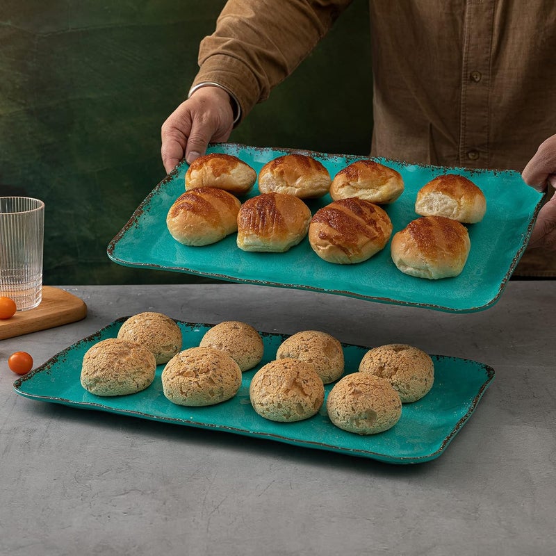 LEHAHA Melamine Serving Tray, Rectangular Large Serving Trays/Platters Set for Serving Food, BPA Free Hard Plastic Outdoor Food Serving Platters and Trays, Set of 2, 17.5"x 10", Teal - Image 2