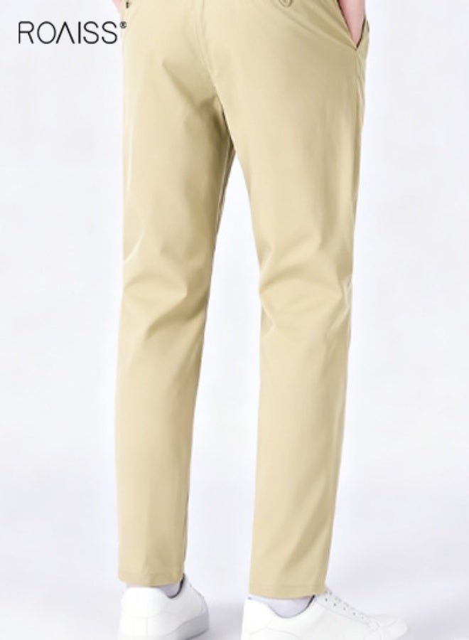 رويس بنطلون رجالي كاجوال بقصة مستقيمة، بنطلون رسمي للعمل، بنطلون صيفي برباط، بنطلون مطاطي كاكي للرجال - Image 5