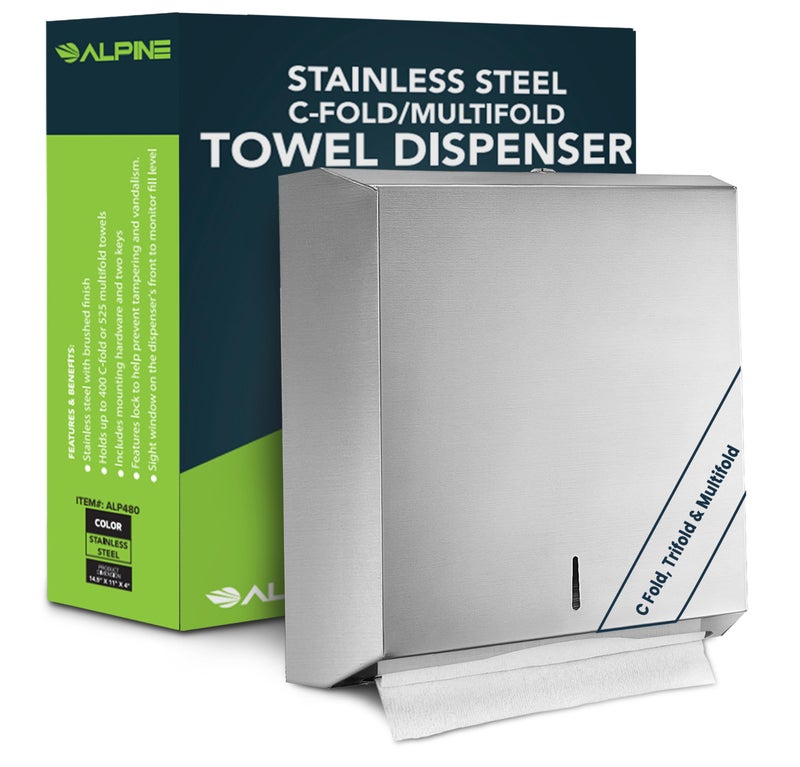 Alpine Commercial Paper Towel Dispenser WallMount Stainless Steel Holder for CFold Multifold Towels Durable Lockable for Restaurants Offices Public Restrooms
