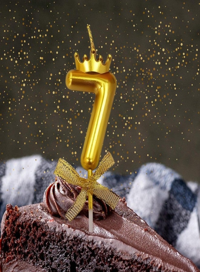 KITTER 1 Pc 7 Number Candle for Birthday Cake 7th Birthday Cake Decoration Seven Candle with Crown on Top Cake Topper Metallic Gold Number Crown Candles for Anniversary (Pack of 1) - Image 1