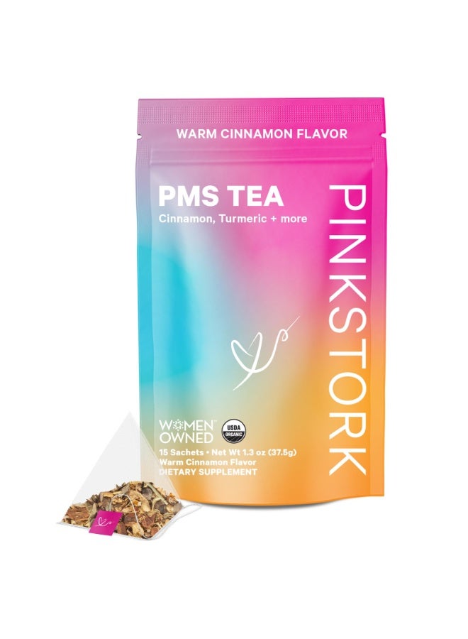 Organic PMS Tea for Hormone Balance, Mood Swings, Bloating, and Period Regularity - 8 Herbs - Vitex, Red Raspberry Leaf, Chamomile - Caffeine-Free - 15 Sachets, Hot or Iced