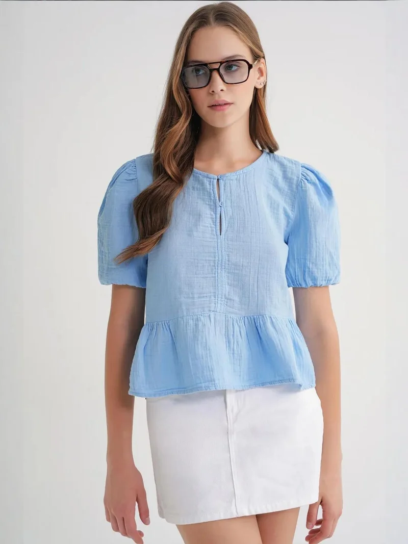 MixRay Mixray Textured Muslin Crew Neck Blouse with Button Closure