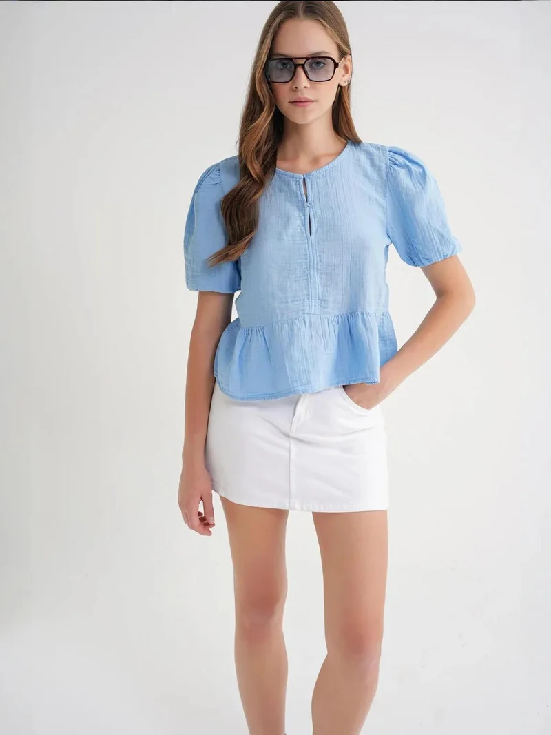 MixRay Mixray Textured Muslin Crew Neck Blouse with Button Closure