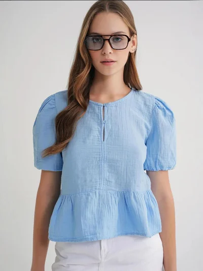 MixRay Mixray Textured Muslin Crew Neck Blouse with Button Closure