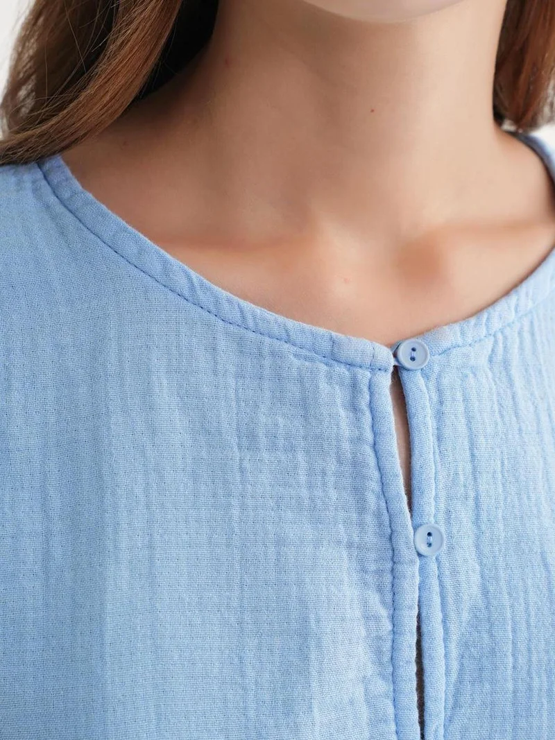 MixRay Mixray Textured Muslin Crew Neck Blouse with Button Closure