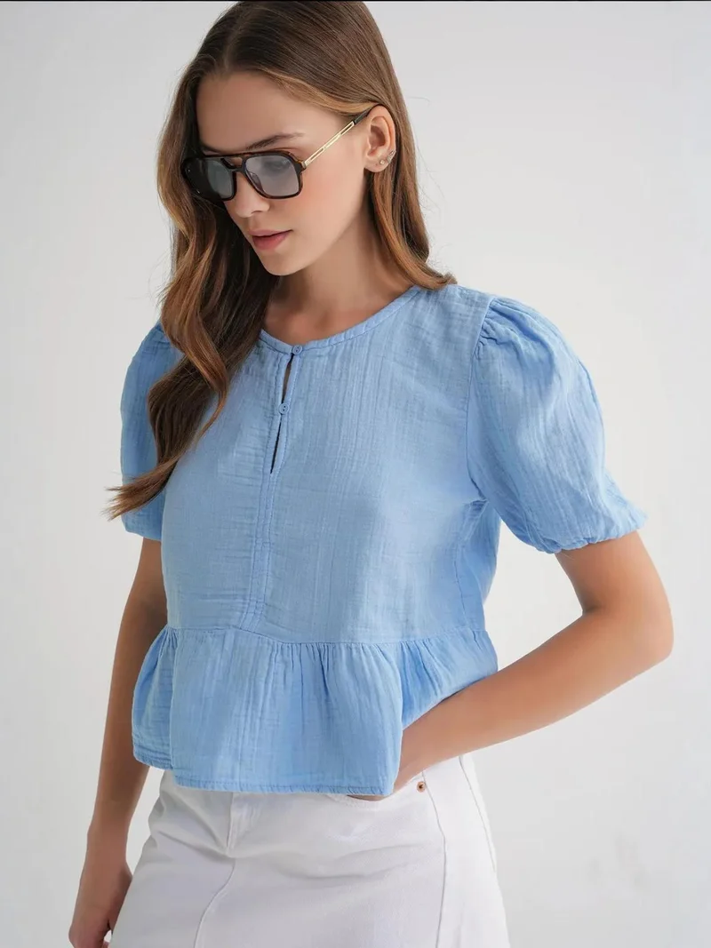 MixRay Mixray Textured Muslin Crew Neck Blouse with Button Closure