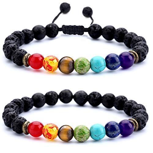 Hamoery Men Women 8mm Lava Rock Chakra Beads Bracelet Set Gifts for Friends Braided Rope Natural Stone Yoga Bracelet Bangle (Set 1) - Image 1