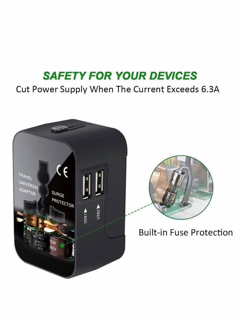 Travel Adapter, Universal All in One Worldwide Travel Adapter Power Converters Wall Charger AC Power Plug Adapter with Dual USB Charging Ports for Asia Europe UK AUS and USA (Black) - Image 5