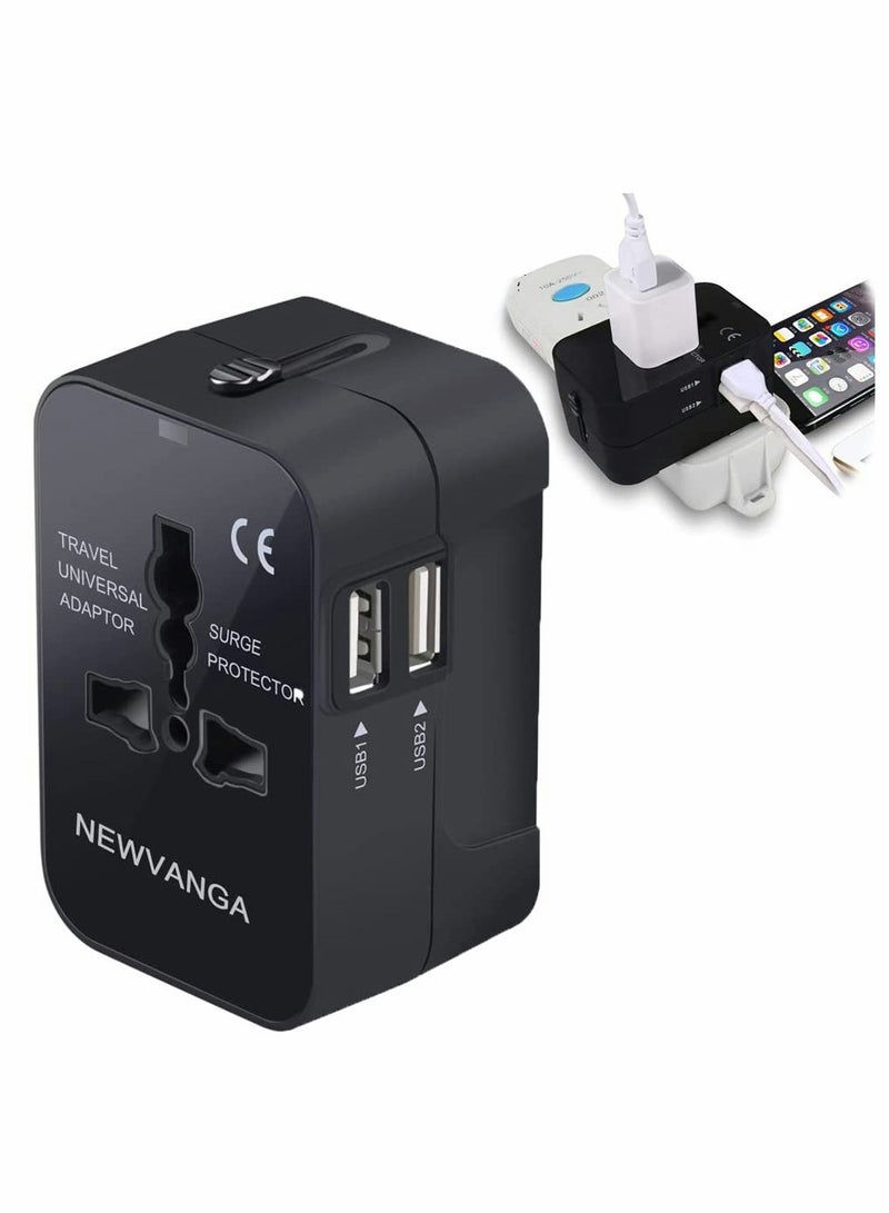 Travel Adapter, Universal All in One Worldwide Travel Adapter Power Converters Wall Charger AC Power Plug Adapter with Dual USB Charging Ports for Asia Europe UK AUS and USA (Black) - Image 1