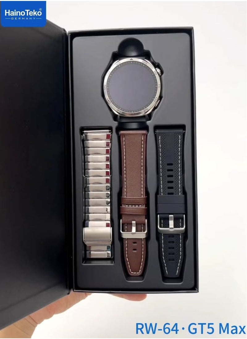 Haino Teko RW-64 GT5 Max Smartwatch – Large Screen AMOLED Display, Voice Assistant, 3 Pair Straps for Men, Premium Design, Silver  - Image 5