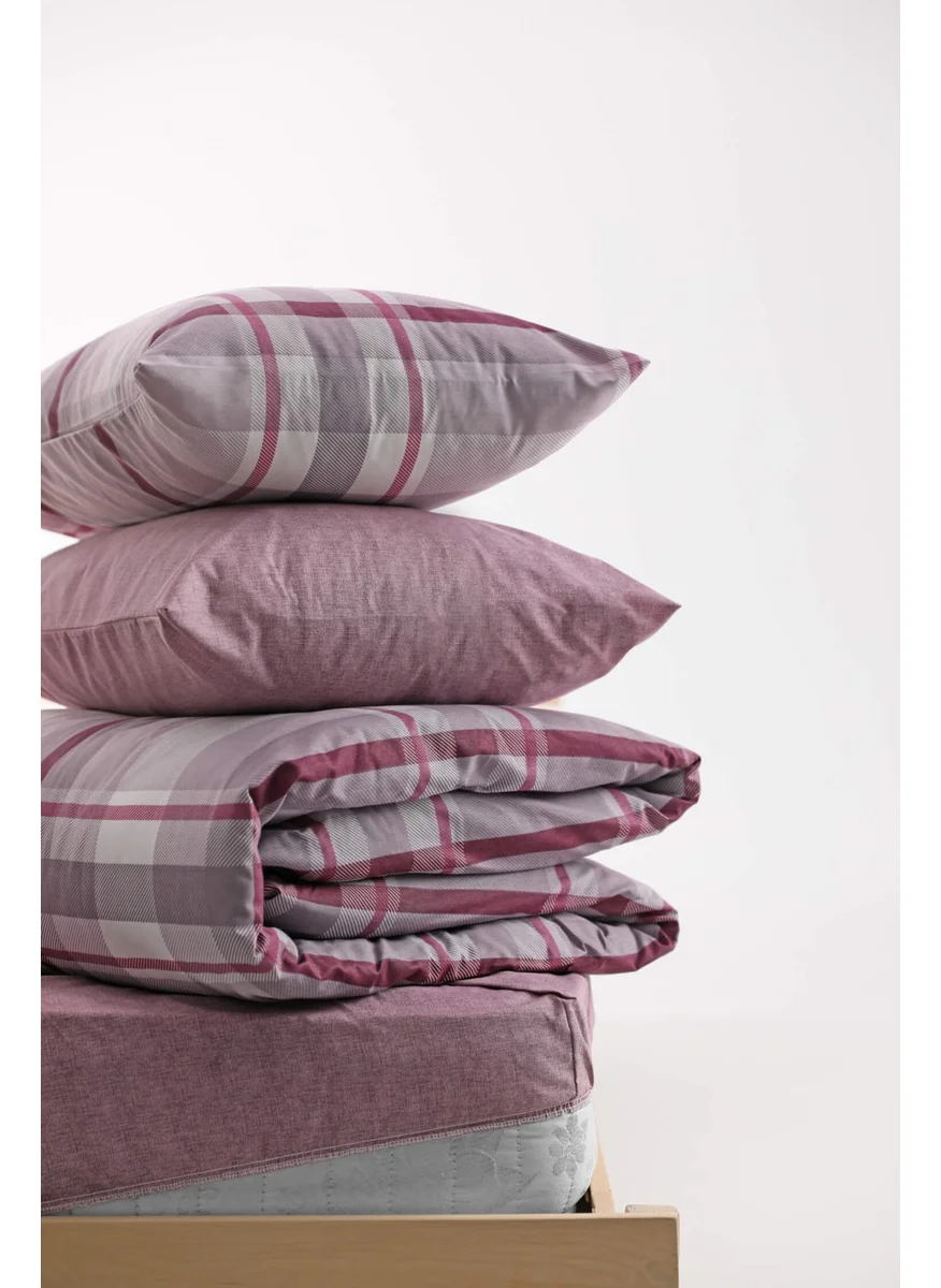 Favora Plaid Cotton Single Duvet Cover Set with Elastic Sheets - Purple