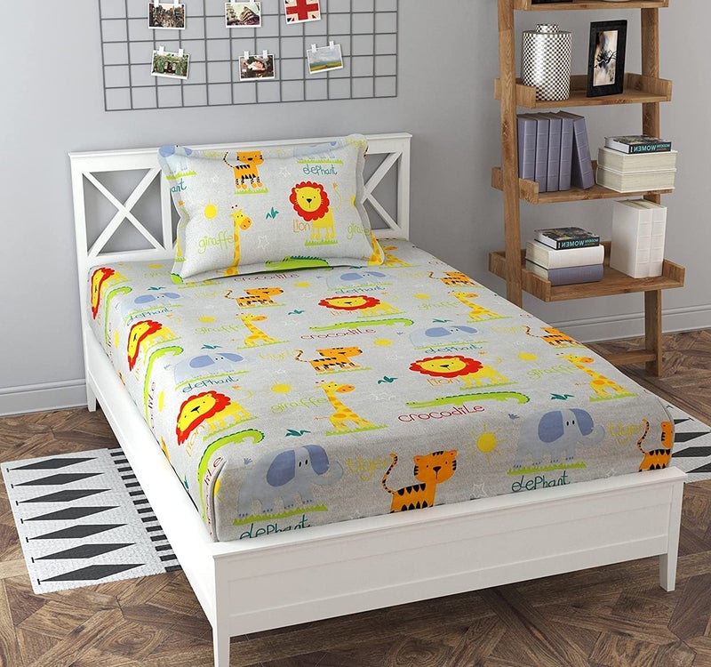 KAWI Single Bedsheet Elastic Fitted Glace Cotton with 1 Pillow Cover,200 TC (Size 72X48X up to 8 Inches Mattress) Lion Print - Image 1
