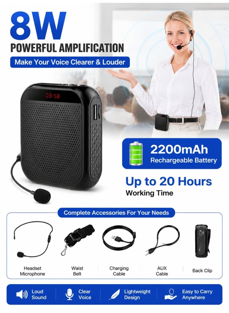 OULIYO 8W Portable Voice Amplifier with Wired Headset Microphone, Rechargeable 2200mAh Personal PA Speaker for Teachers, Tour Guides, Coaches, Meetings, Training, Yoga, Fitness - Image 2