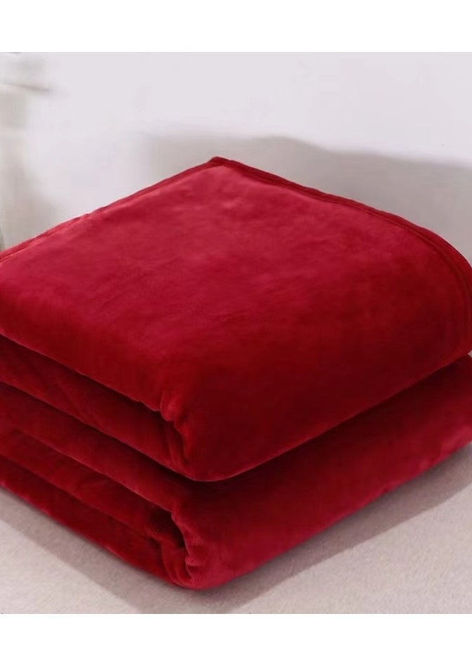 Loquat Hemming Style Solid Color Lightweight Flannel Blanket Coral Velvet Blanket Family Sofa Bedding Fabric Deep Red 