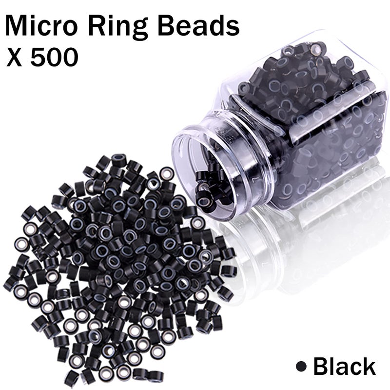 Duufin Hair Extensions Kit 500 Pcs Black Micro Ring Beads 1 Hair Extension Plier 2 Hook Needle Pulling Loop 4 Plastic Alligator Hair Clips 1 Comb and 2 Bags Black Mini Rubber Hair Elastic - Image 5