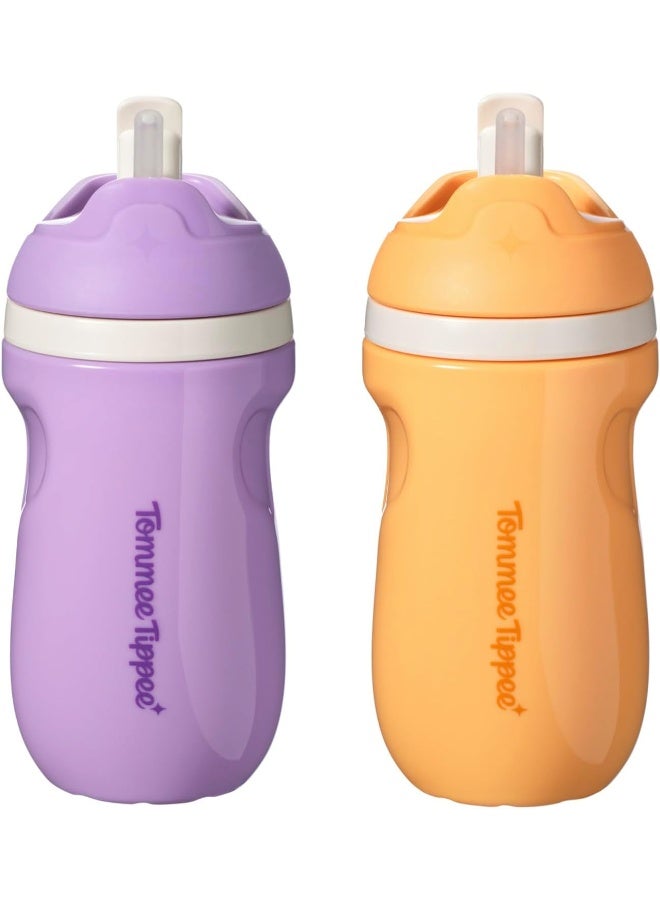 Tommee Tippee Insulated Sporty Spill-Proof Straw Cup, 12 Months+, 9oz, Toddler Training Sippy Cup, Sporty Carry Handle, Bite Resistant Spout, Flip Lid Keeps Straw Clean, Pack of 2, Purple and Orange - Image 1