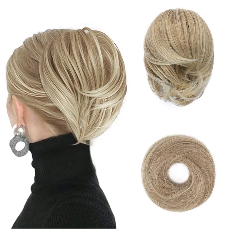 BARSDAR Straight Hair Bun Extensions - Short Straight Ponytail Blonde Hair Bun Extensions for Women, Synthetic Elastic Messy Bun Scrunchies Hairpieces Daily - Light Ash Blonde Mix - Image 1