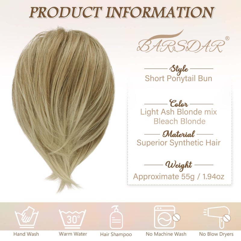 BARSDAR Straight Hair Bun Extensions - Short Straight Ponytail Blonde Hair Bun Extensions for Women, Synthetic Elastic Messy Bun Scrunchies Hairpieces Daily - Light Ash Blonde Mix - Image 4